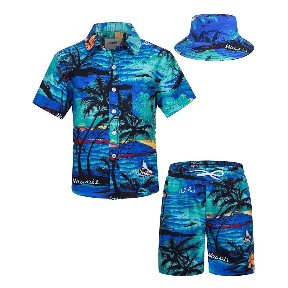 Tunevuse‎ Boys Hawaiian 3pc Cabana Set Shirt Shorts Hat Blue Hawaii Print NEW